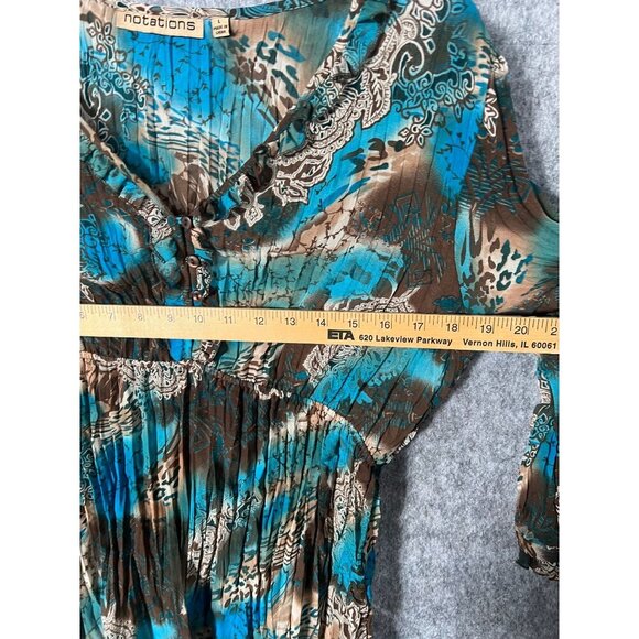 Notations Womens Boho Tunic Top L Blue Brown Abstract Print 3/4 Sleeve sheer - Picture 5 of 5